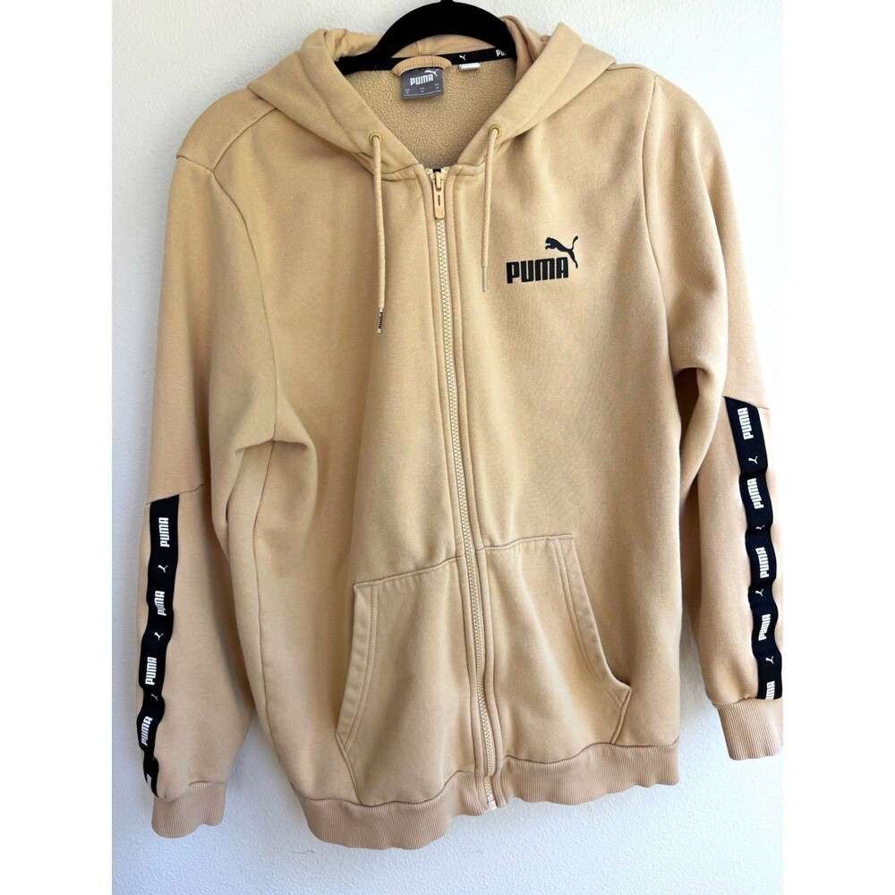 PUMA Men’s M Beige Full Zip Hooded Fleece Hoodie w/ Pockets Logo Tape